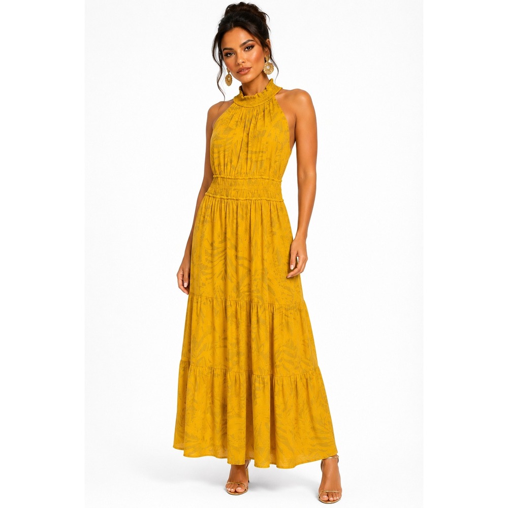 Daniel Rainn Yellow Halter Neck Eyelet Maxi Dress Tropical Palm‎ Smocked SP NEW